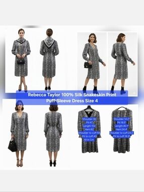 Rebecca Taylor 100% Silk Snakeskin Print Puff-Sleeve Dress Size 4